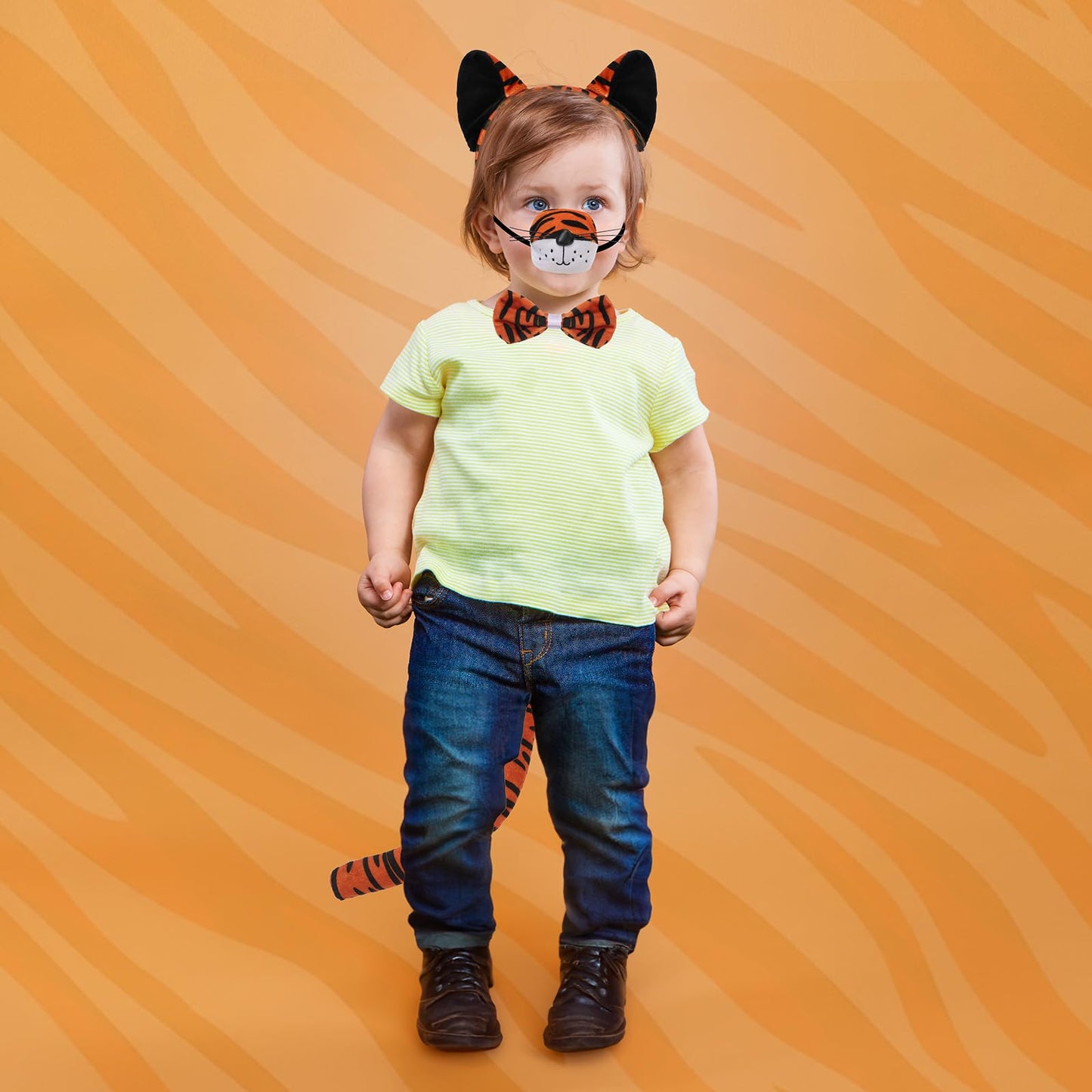 XEPST Animal Tiger Costume Set, Tiger Ears and Tail Set with Ears Headband Tail Nose Bowtie for Animal Costume Cosplay Birthday Party Halloween Fancy Dress Party Supplies, B