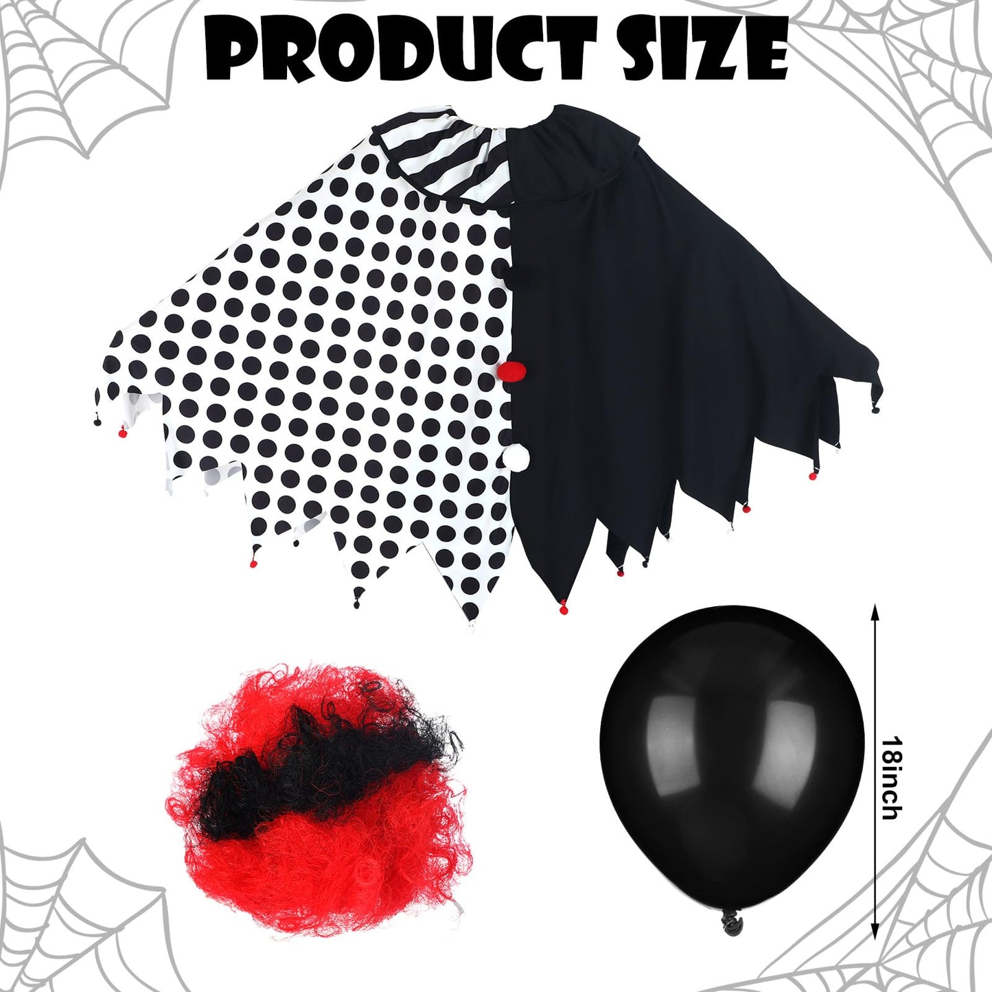 8 Pcs Women's Scary Poncho Clown Costume Set Includes Poncho Costume, Clown Wig, Stickers for Women Halloween Accessories(Large Size)