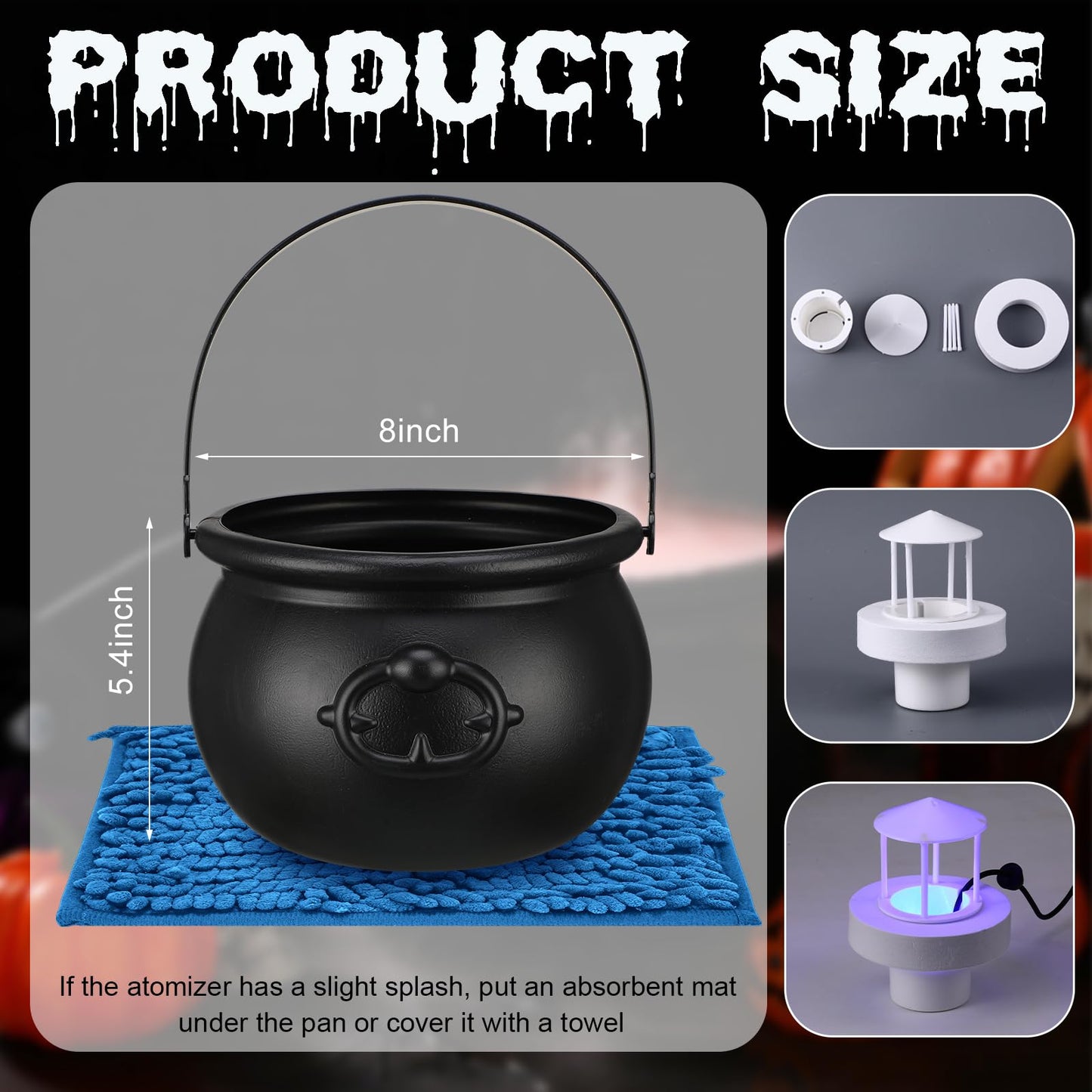 Wettarn Halloween Cauldron Decorations 8" Witch Plastic Smoking Cauldron Bowl with Handle Mist Maker Fogger 12 LED Lights Fog Machine Atomizer Large Smoking Pot Punch Bowl for Indoor Outdoor Parties
