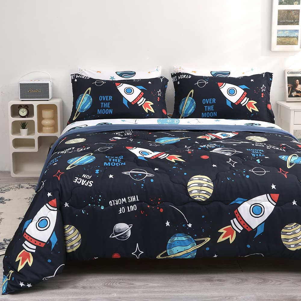 Wajade Kids Space Comforter Set Bed in A Bag Full Size 7 Piece 3D Space Rocket Planets Bedding Set for Teens Boys Girls (1 Comforter, 1 Flat Sheet, 1 Fitted Sheet, 2 Pillowcase and 2 Pillow Sham)