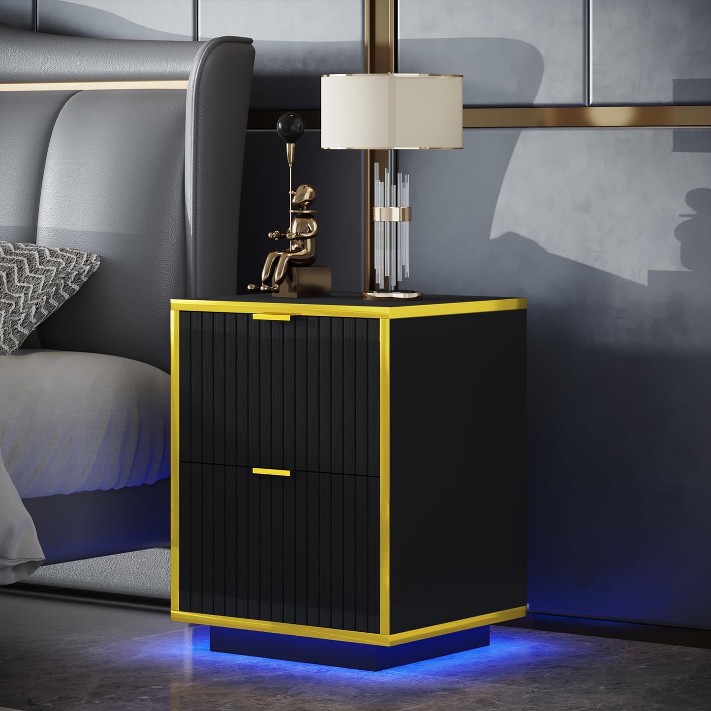 4ever2buy Black Nightstand with LED Lights, Morden Bedside Table with Gold Frame, Fluted Nightstand with Drawers, 18 Inch Night Stand with Storage, Side Table for Bedroom, Black and Gold