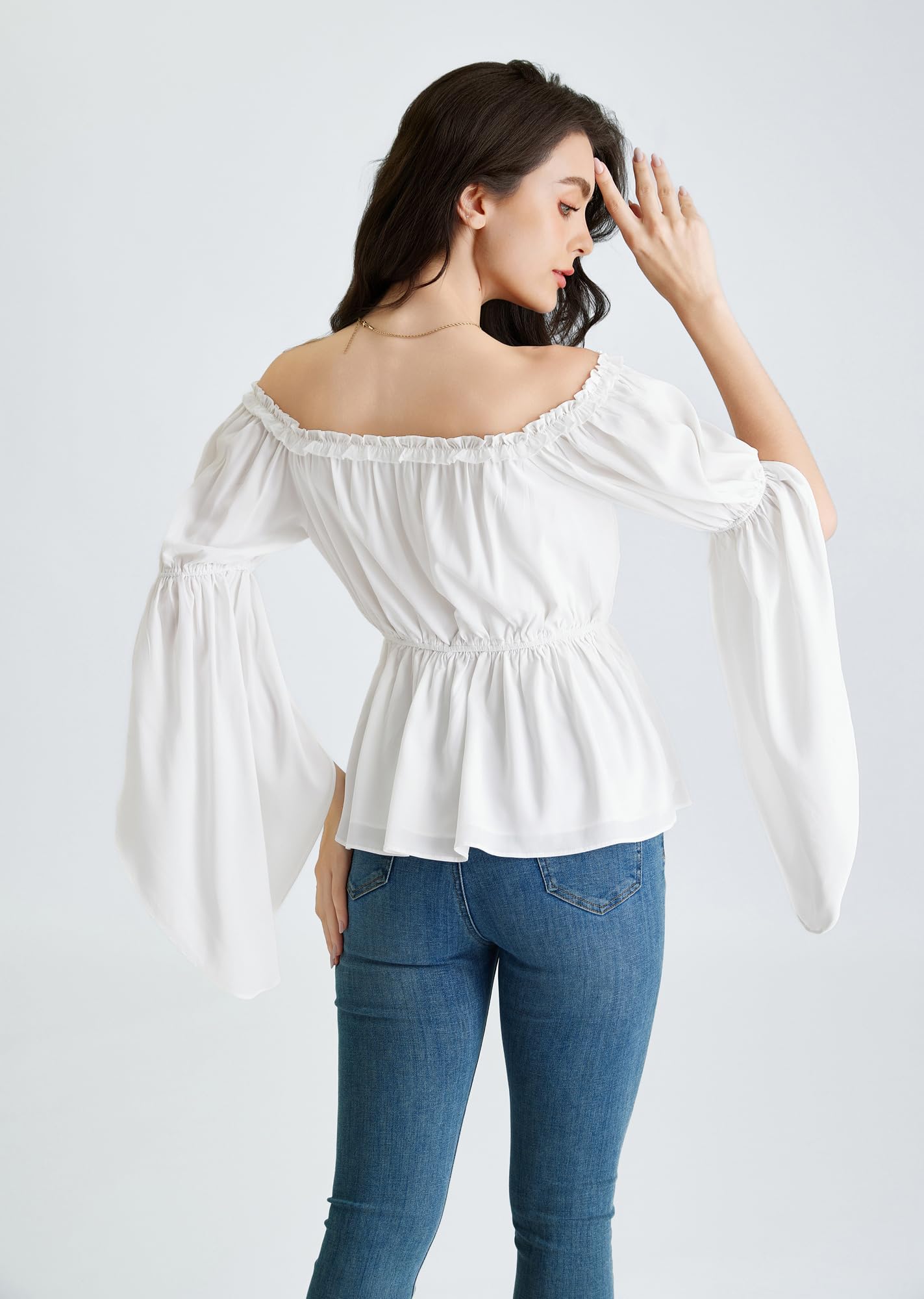 Womens Renaissance Shirt Summer Trumpet Sleeve Tops Chiffon Blouse White M