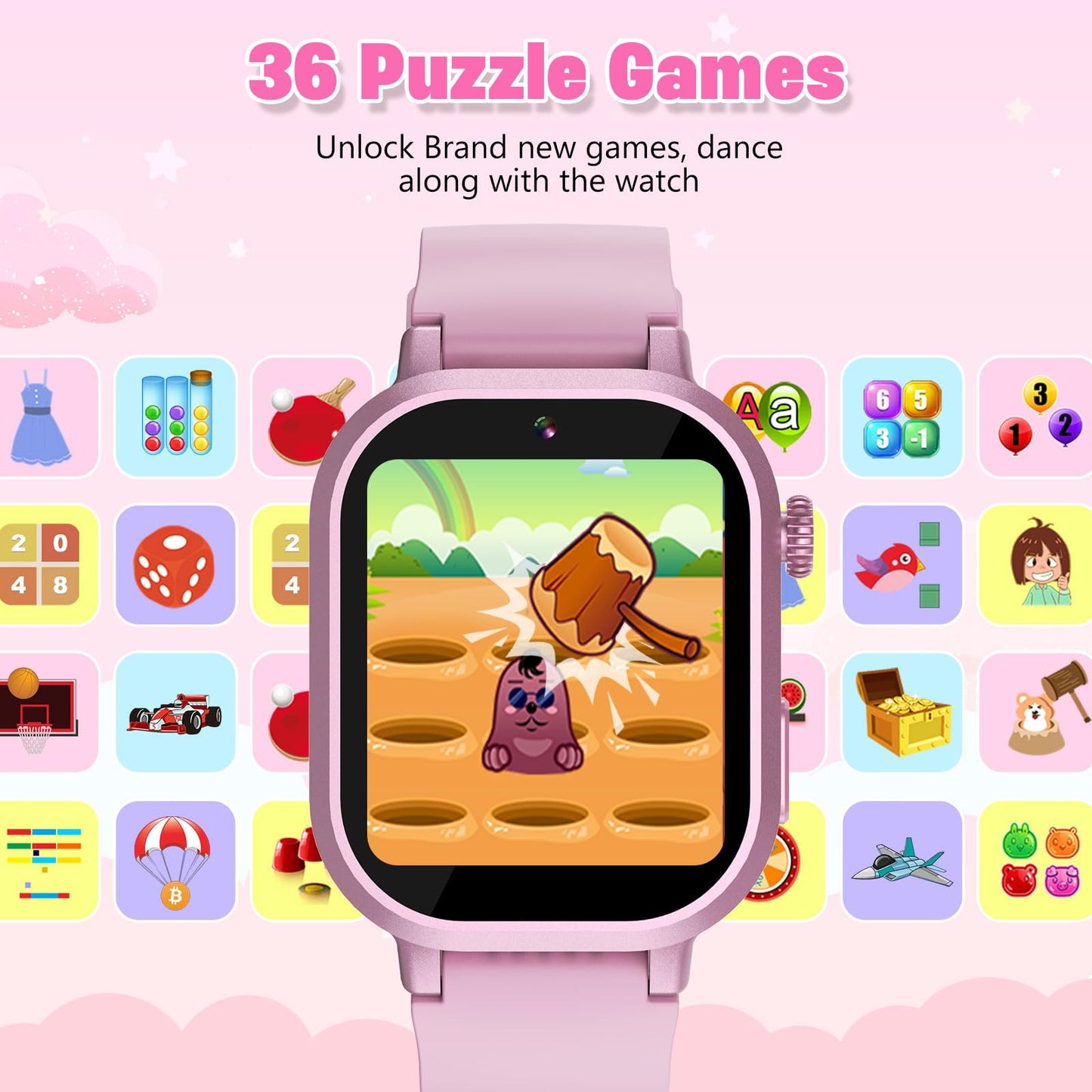 Wiszodet Kids Waterproof Smart Watch Girls Gift Age 3-12 with 39 Game HD Touch Screen Music Player Video Camera Pedometer Alarm Clock Birthday Gift for 6 7 8 9 Year Olds Pink