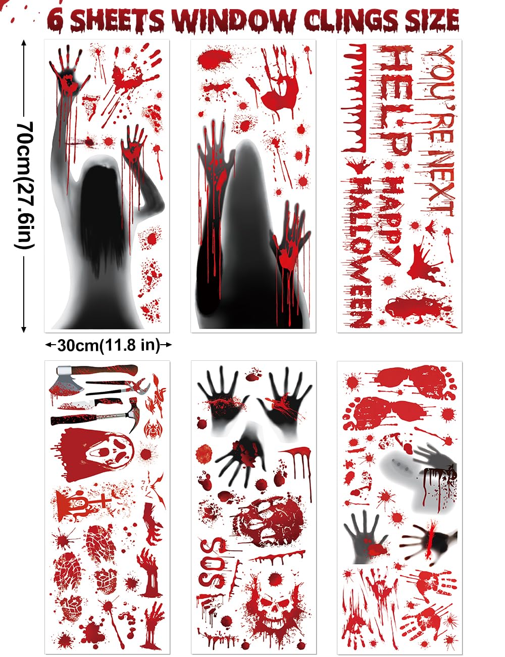 Wohohoho 11 Sheets/202 Pcs Bloody Halloween Decorations Set. 2 Giant Spooky Door Cover, 6 Sheets Horror Window Clings, 3 Sheets Scary Floor Stickers, Halloween Party Wall Decal Bedroom Inside Decor
