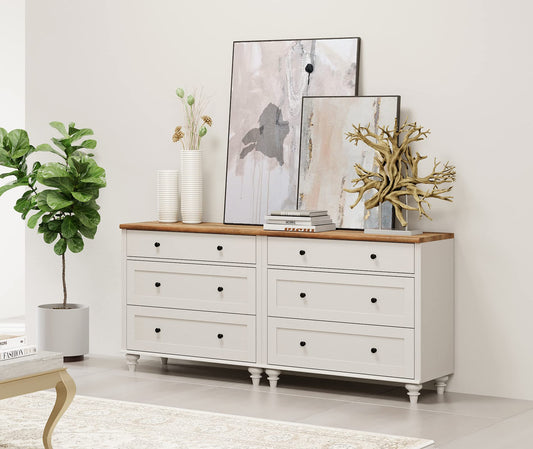 WAMPAT Dresser for Bedroom with 6 Drawers, White Dressers with Wide Chest of Drawers, Mid Century Modern Wooden Closet Storage Organizer, Large Kids Dressers for Living Room, Nursery, Hallway