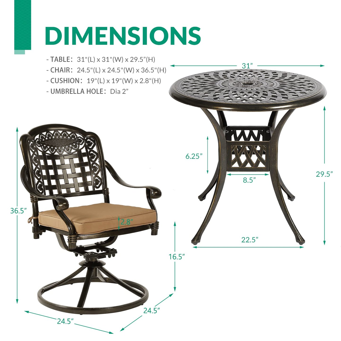 VIVIJASON 3-Piece Patio Bistro Set, Outdoor All-Weather Cast Aluminum Furniture Dining Set, Include 2 Swivel Chairs and 31" Round Table w/Umbrella Hole for Balcony, Lawn, Garden, Antique Bronze