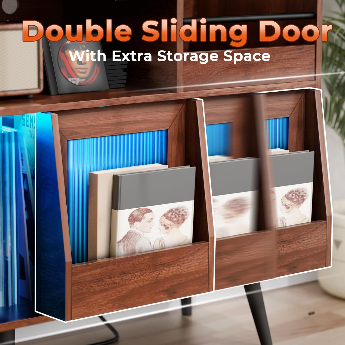 XL Record Player Stand,Turntable Stand Shelf with with Power Outlet and LED Light,Vinyl Record Storage Cabinet Up to 500 Albums, Wood Record Player Holder Table for Living Room
