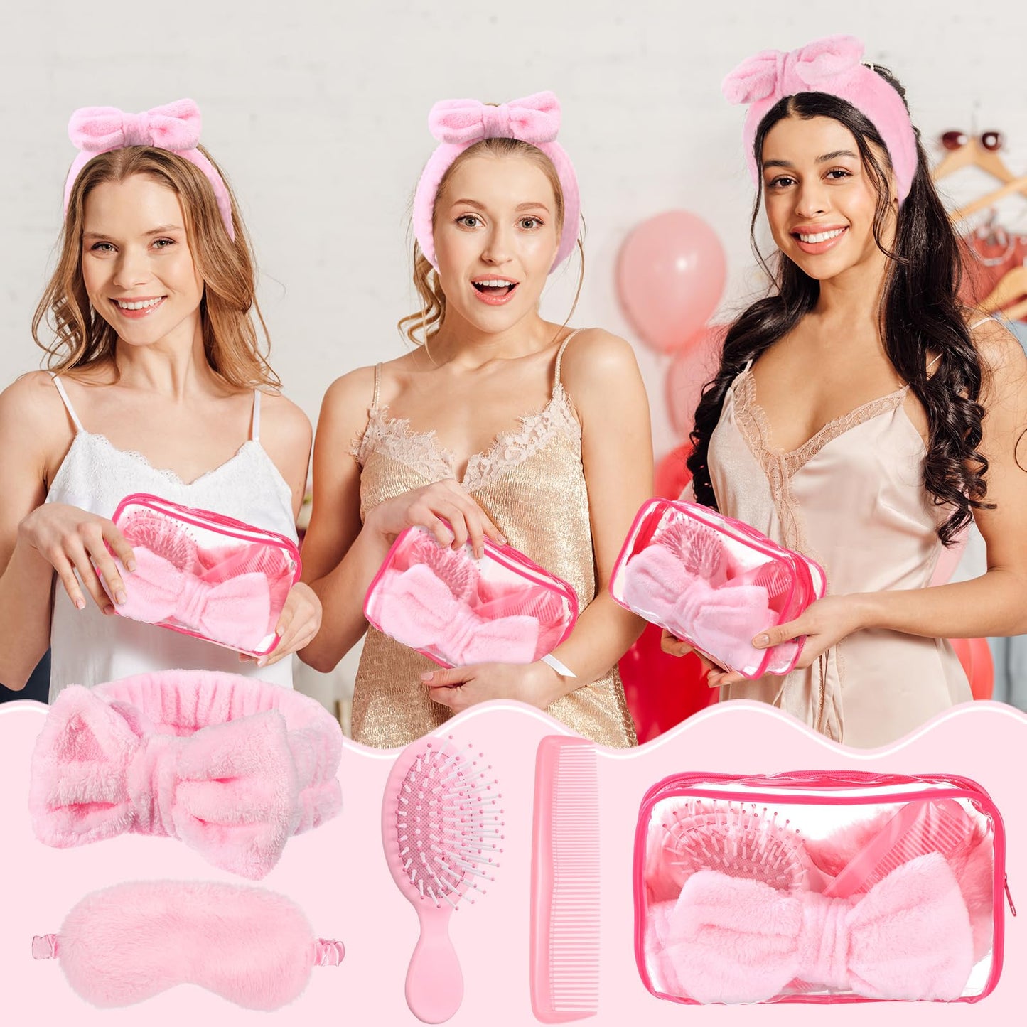 Wavyknot 60 Pcs Sleepover Party Supplies 12 Pink Spa Headband 12 Plush Sleep Eye Mask 12 Mini Hair Brush 12 Combs 12 Clear Cosmetic Bags Bulk for Christmas Spa Slumber Party Favors Gift