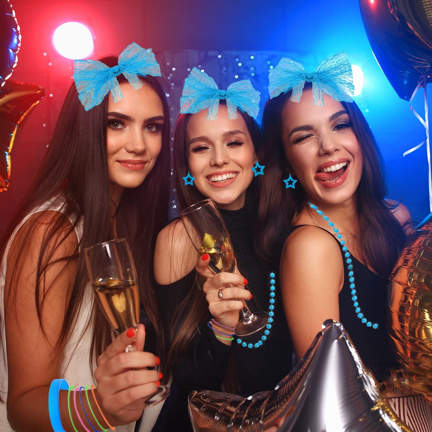 80s Fancy Dress Costumes Accessories, 1980s Fancy Style Dresses Party Sets & Kits for Women, Neon Leg Warmers Necklaces Bracelet Fishnet Gloves Lace Bow Headband Earrings Sunglasses-Blue