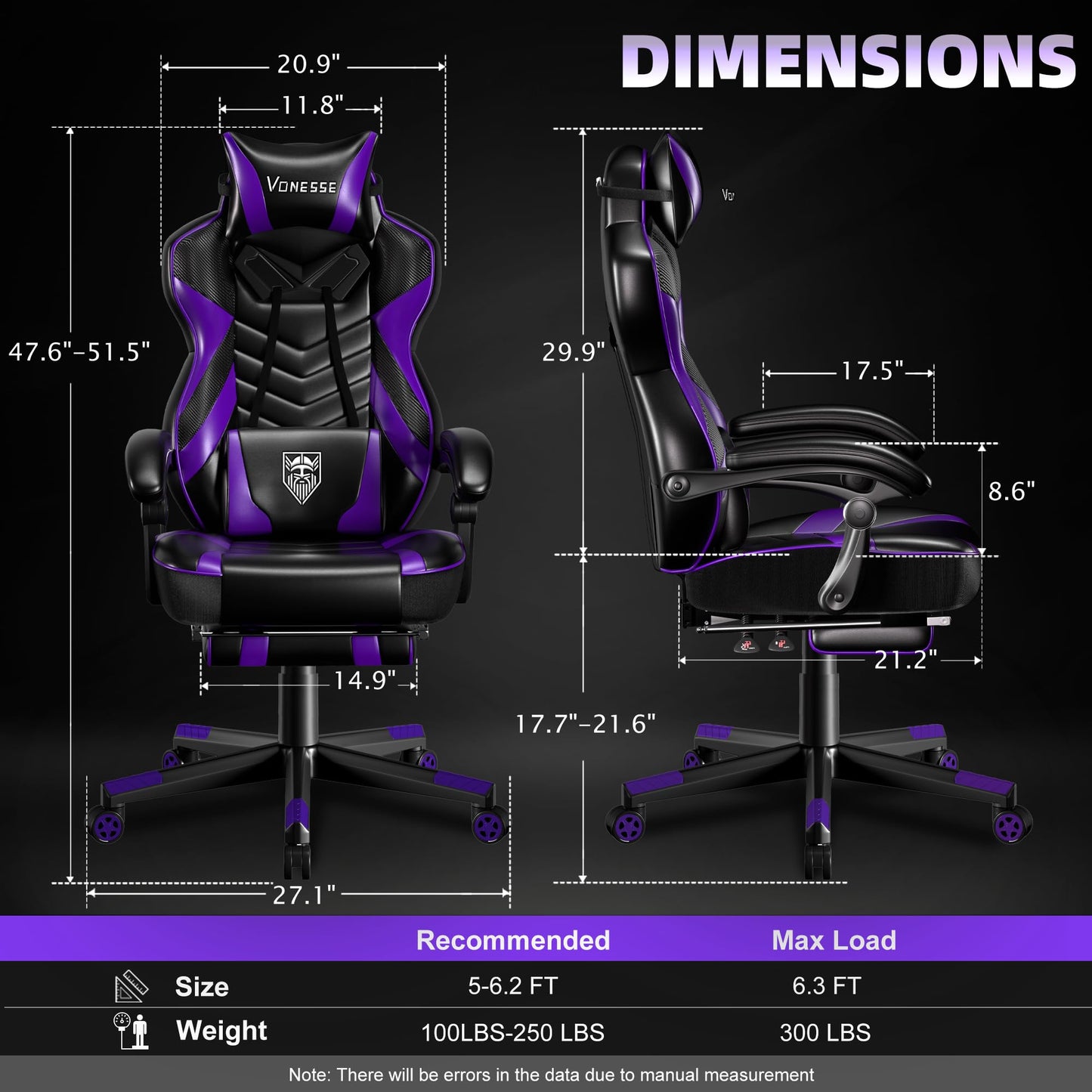 Vonesse Gaming Chair for Adults,Computer Chair with High Back,Big and Tall Gaming Chairs with Footrest and Massage,Reclining Gamer Chair(Purple/Black)