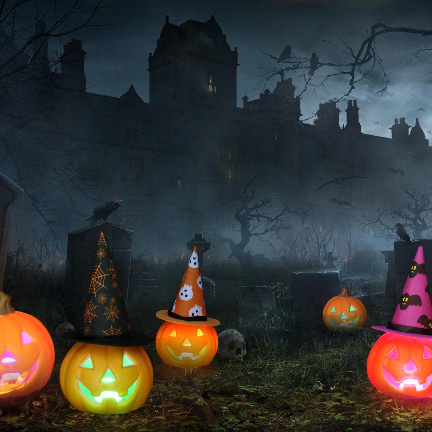 3 Pack Jack O Lantern, Lighted Pumpkin with Hat Halloween Decorations, Waterproof Indoor Outdoor Table Ornaments for Home Party Decor (Hat Pumpkin)