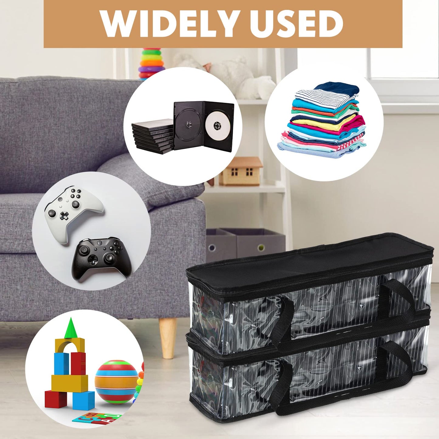 Woanger 10 Pieces CD Storage Bags Transparent PVC DVD Storage Cases Water Resistant CD DVD Holder with Handles and Zipper Clear Media Organizer for Albums Video Games(Black)