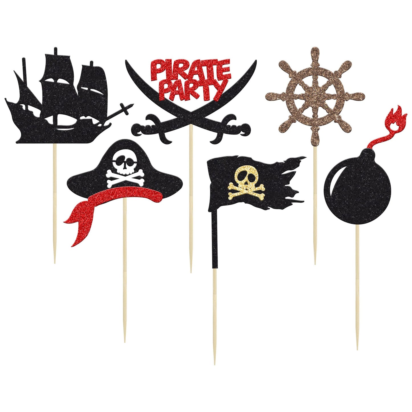24Pcs Pirate Cupcake Toppers Black Glitter Nautical Sailing Skull Cap Cupcake Picks for Pirate Theme Baby Shower Kids Birthday Party Cake Decorations Supplies