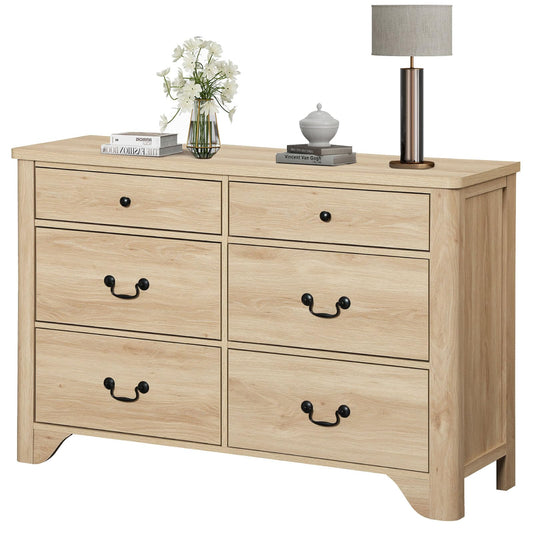 WAMPAT Oak Dresser for Bedroom with 6 Drawers, 47.2" Wide Farmhouse Dressers Chests of Drawers with Curved Profile Design, Wood Closet Organizer for Bedroom, Hallway