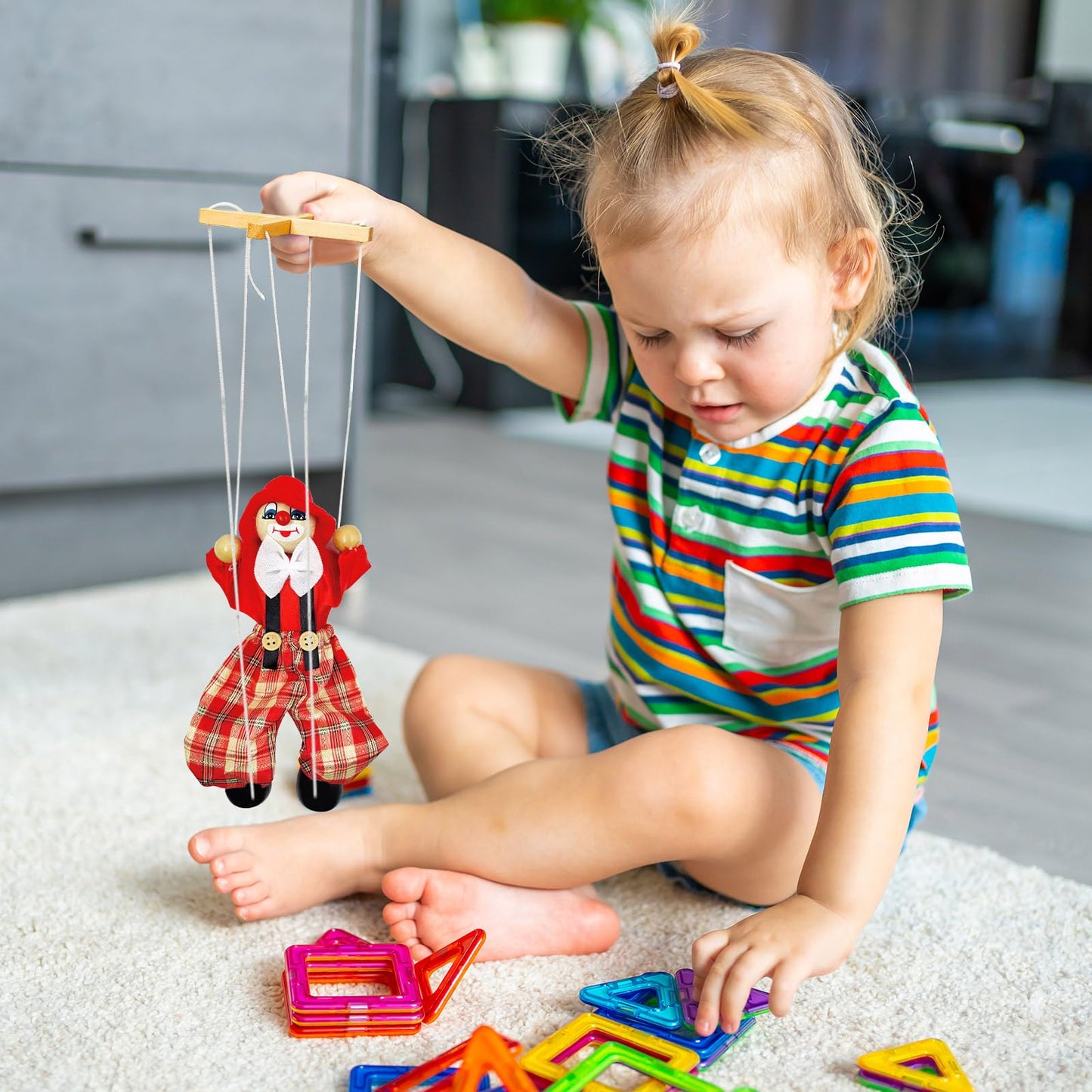 6 Pack Wooden Marionette Puppets Clown Pull String Puppets Movable Hands and Feet for Family Men Women Pretend Play Puppetry Party