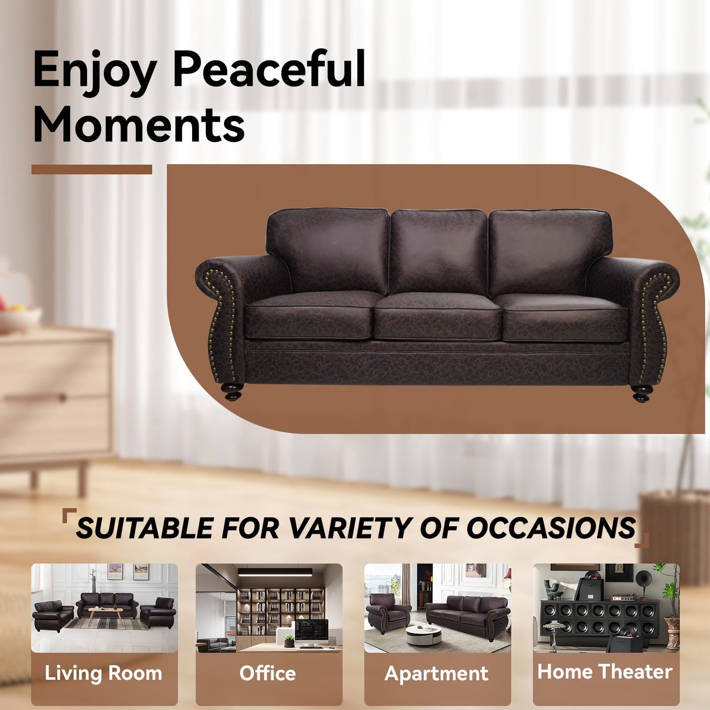 88’’ Rivet Couch,Living Room Sets,Mid-Century Couch, Solid Wooden Frame for Living Room,Upholstered Sofa (Brown, Single+3 Seater)
