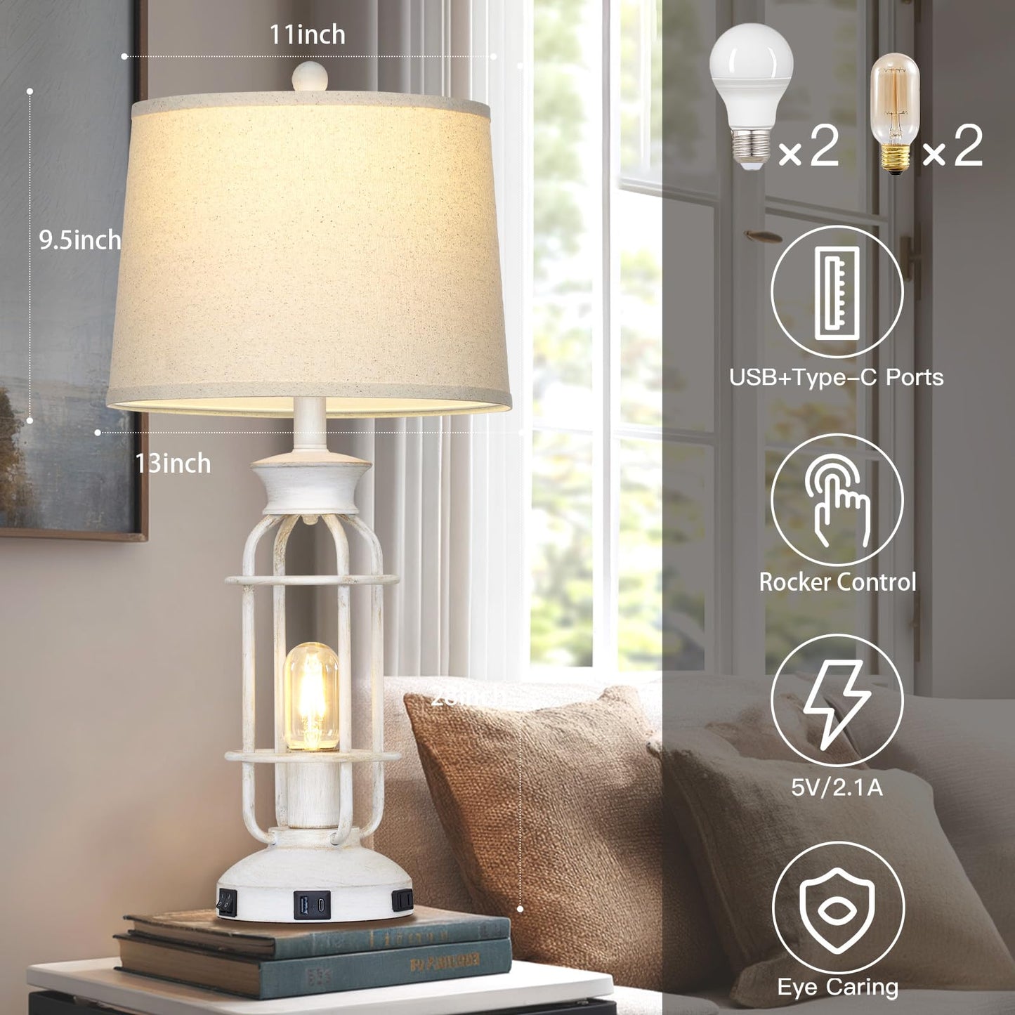 28" Vintage Table Lamps with USB C+A Ports & Outlet, Industrial Farmhouse Table Lamp for Living Room, Rustic Mid Century Modern Bedside Lamps with Nightlight & Beige Fabric Lampshade, Oil-Rubbed White