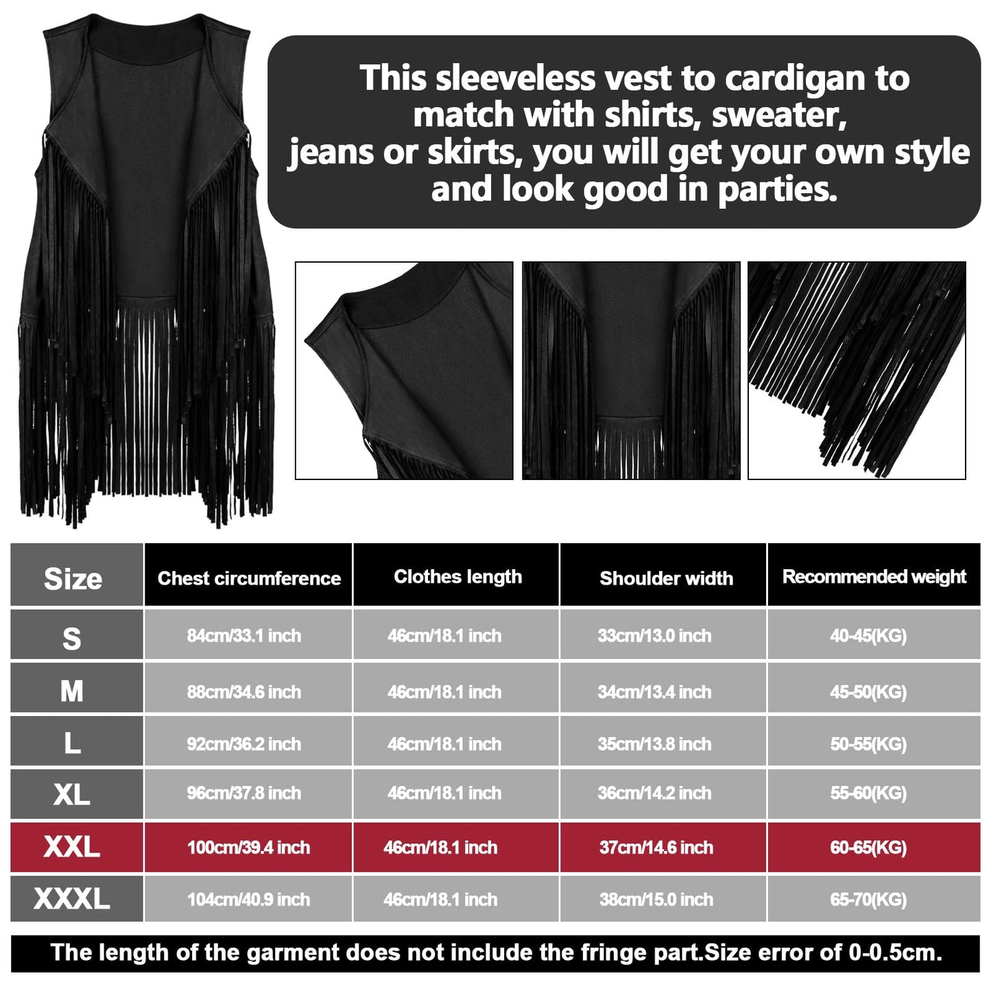 6 Pcs 60s 70s Outfits for Women Hippie Costume Set Peace Sign Earring Headband Fringe Vest Tassel Cardigan (Black,X-Large)