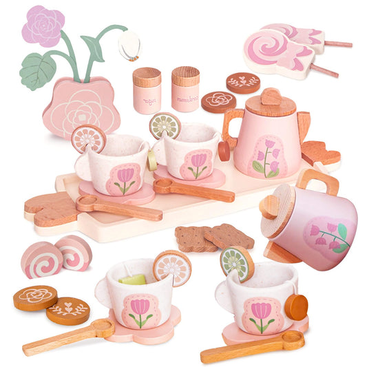 Wooden Tea Set for Little Girls, Pretend Play Tea Party Set Toy with 27 PCS Play Kitchen Accessories, Princess Tea Set Toy, Birthday Gift for Kids 2 3 4 5 Years Old, Improve Imagination