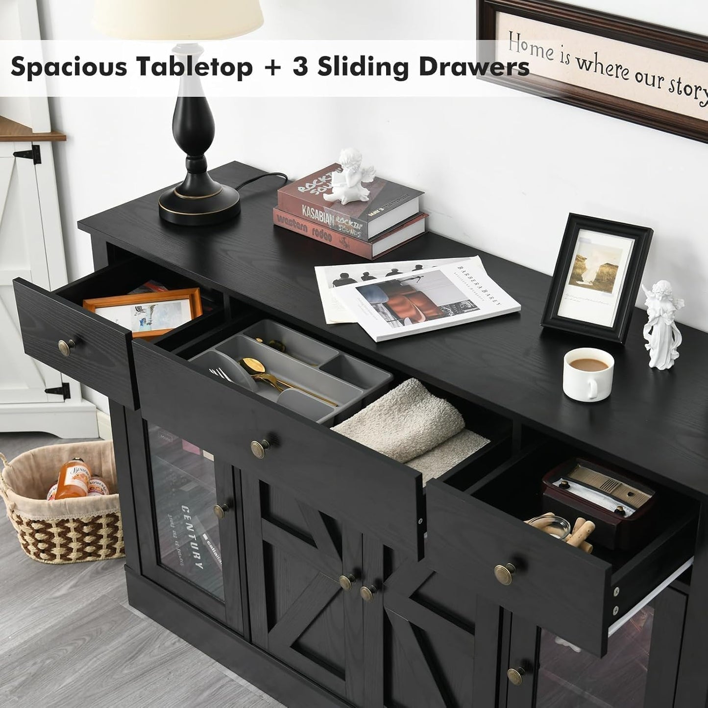 4 EVER WINNER Black Buffet Cabinet with Storage, 55" Coffee Bar Cainets with 3 Drawers and Glass Doors, Sideboard Buffet Cabinet for Kitchen, Living Room
