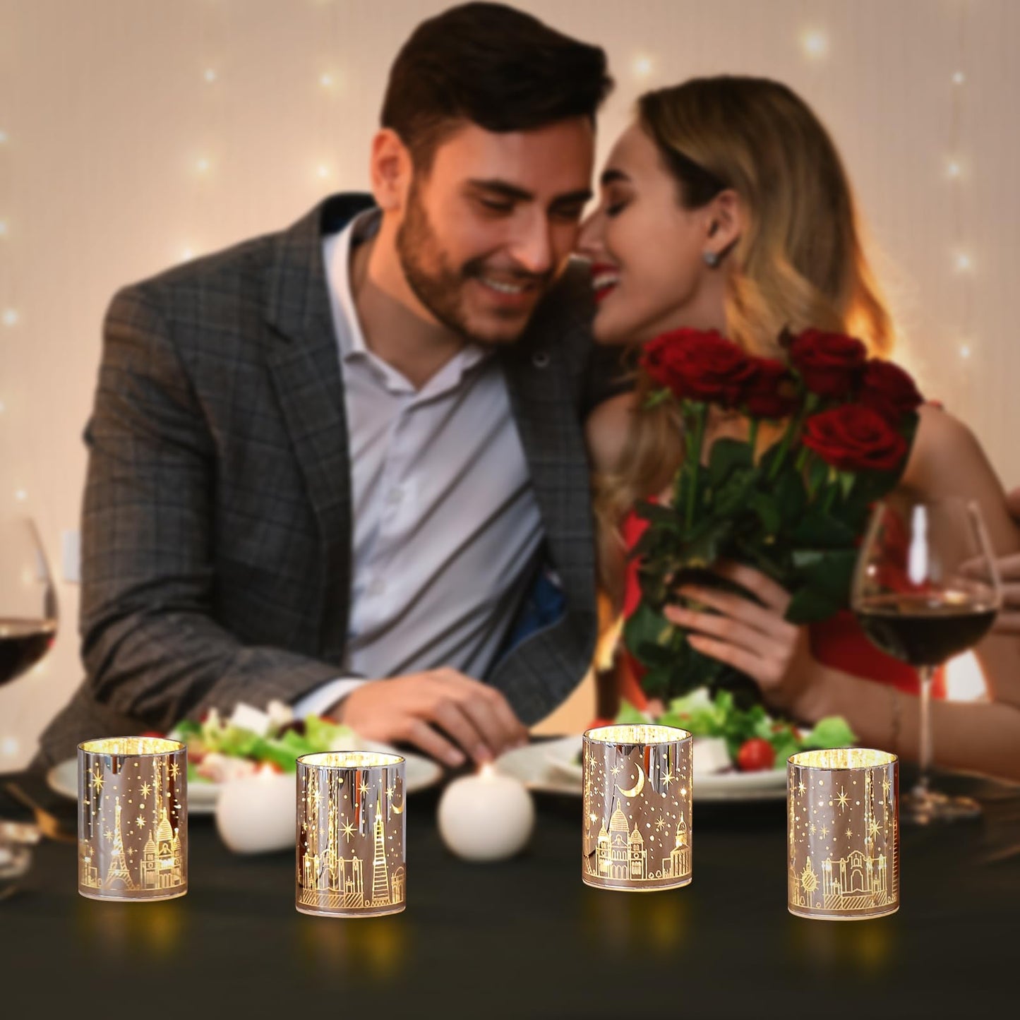 Votive Candle Holders, SunGlee Tealight Candle Holder with Gift Box, Glass Candle Holder with LED Light for Table Centerpieces, Tea Party, Wedding, Birthday, Various Themed Parties Table Decor 2Pack