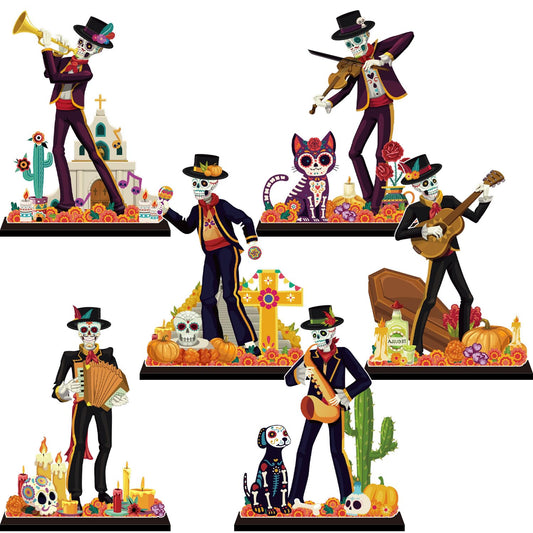 6Pcs Dia De Los Muertos Decorations Wooden Table Centerpiece Day of the Dead Decorations Sugar Skull Table Decor for Mexican Fiesta Tiered Tray Decor