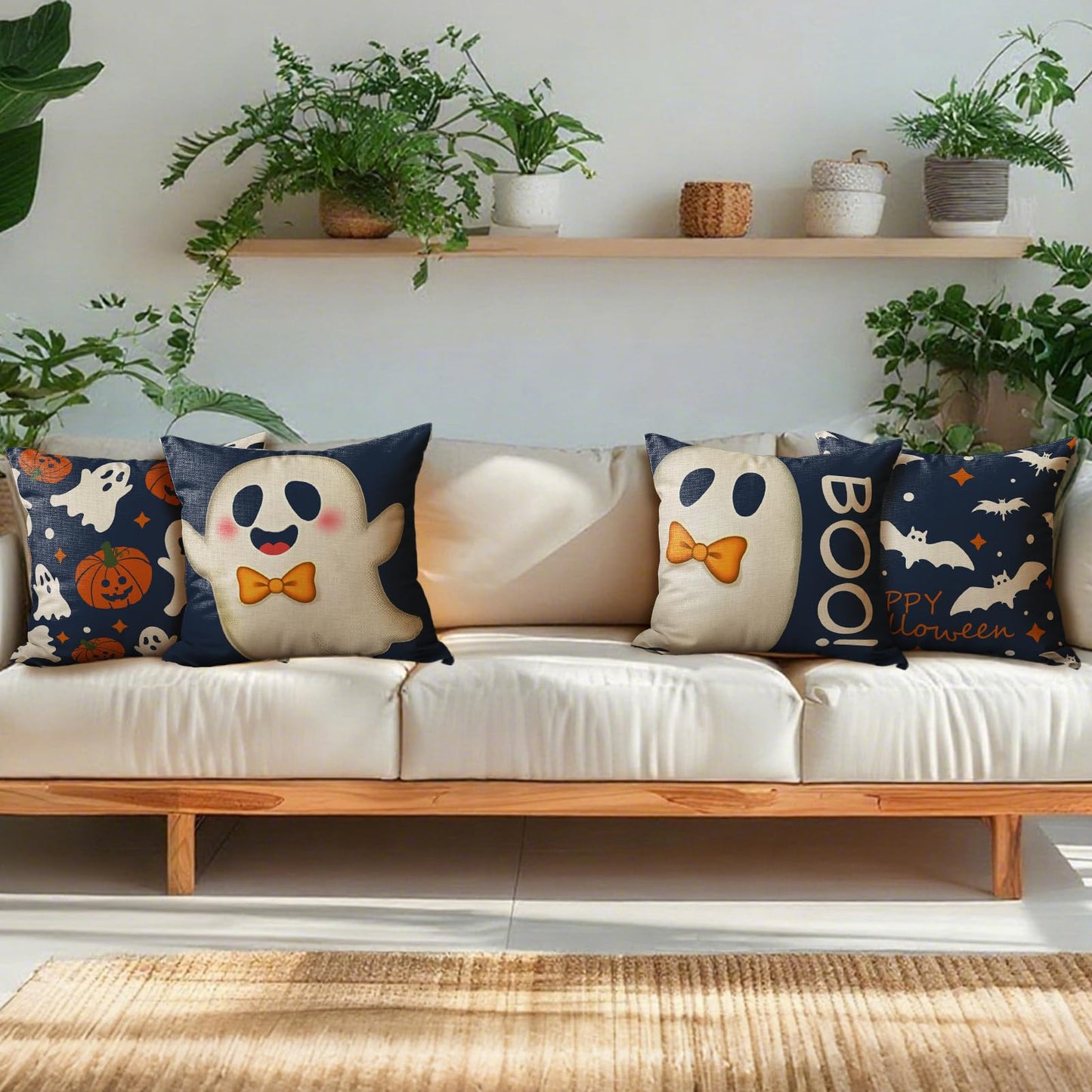4Pcs Halloween Pillow Covers 18x18 Inch Cute Ghost Pumpkins Bats Decoration Pillow Covers Outdoor Happy Halloween Decoration Pillows Case for Room Sofa Patio Funiture Bedroom Couch Decor
