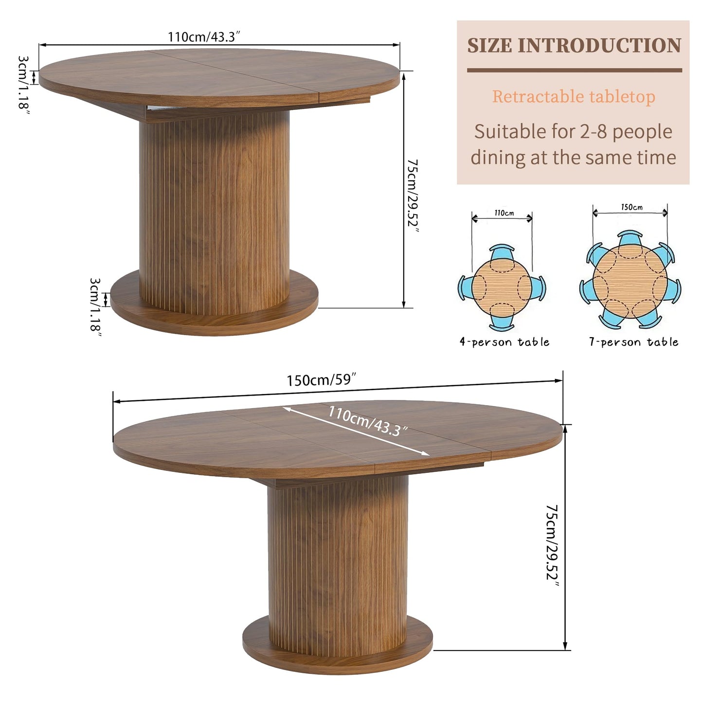 59 inch Adjustable Size Round Dining Table for 4 6, Unique Design Modern Farmhouse Kitchen Table, Fluted Base for Home Dining Room Living Room(Walnut)