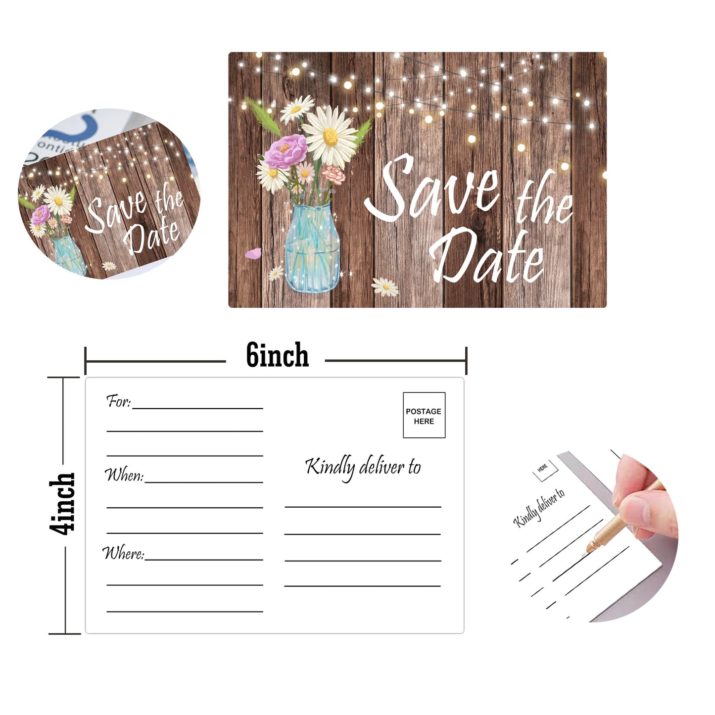 4" x 6" Rustic Save The Date Postcards 50pcs Birthday Invitation Event Reminder Cards Wedding Invitation Cards with Mailing Side for for Wedding, Engagement, Anniversary, Baby Shower, Birthday Party