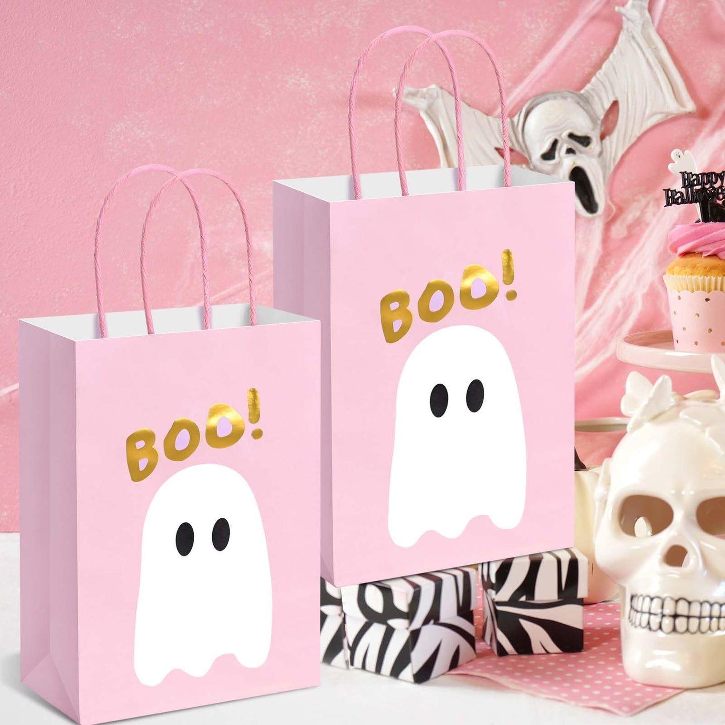 24Pcs Pink Halloween Paper Gift Bags with Handles Cute Ghost Boo Goodie Treat Bags for Halloween Baby Shower Party Trick or Treat Party Supplies