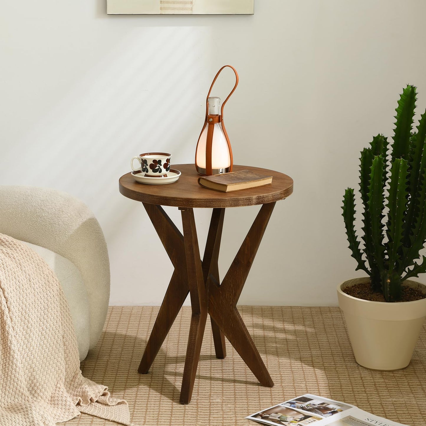 Ahokua Farmhouse End Table with Solid Wood Crossed Legs Round Boho Side Table Mid Century Modern Small Accent Table for Small Space Stable Nightstand for Living Room, Natural Wood