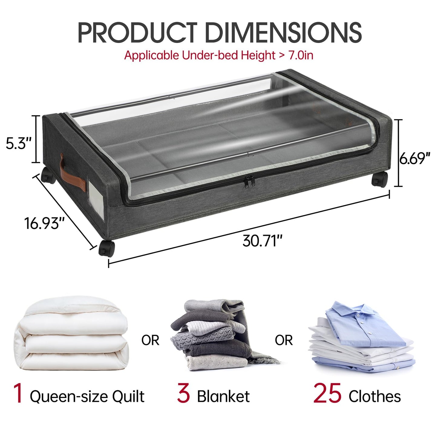 Yecaye Under Bed Storage with Wheels, 2Pack Under Bed Storage Containers, Underbed Shoe Storage Organizer, Rolling Under Bed Metal Drawers for Clothes, Blankets(30.71 x 16.93 x 6.69 in)