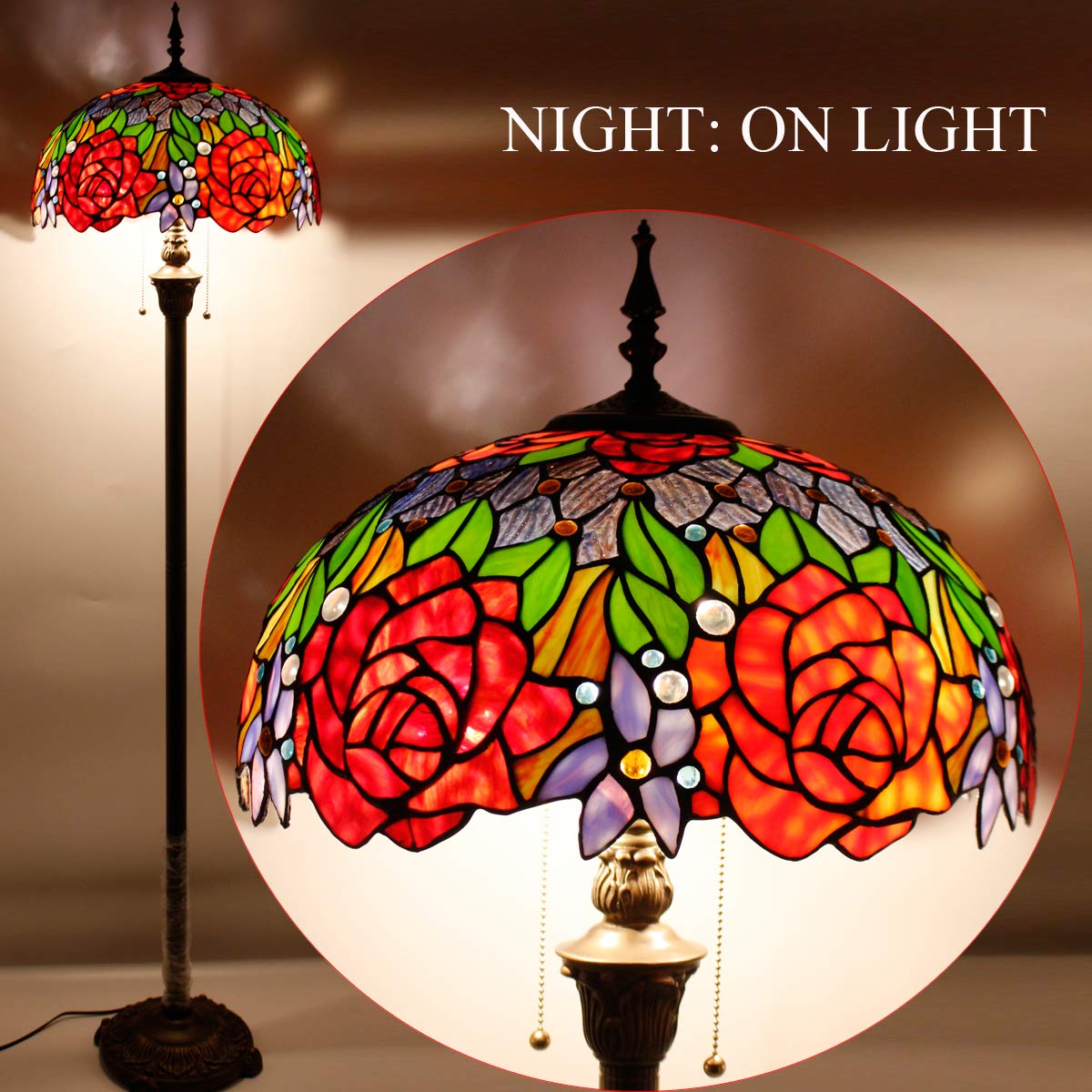 WERFACTORY Tiffany Floor Lamp Red Yellow Rose Stained Glass Standing Reading Light 16X16X64 Inches Antique Pole Corner Lamp Decor Bedroom Living Room Home Office S001 Series