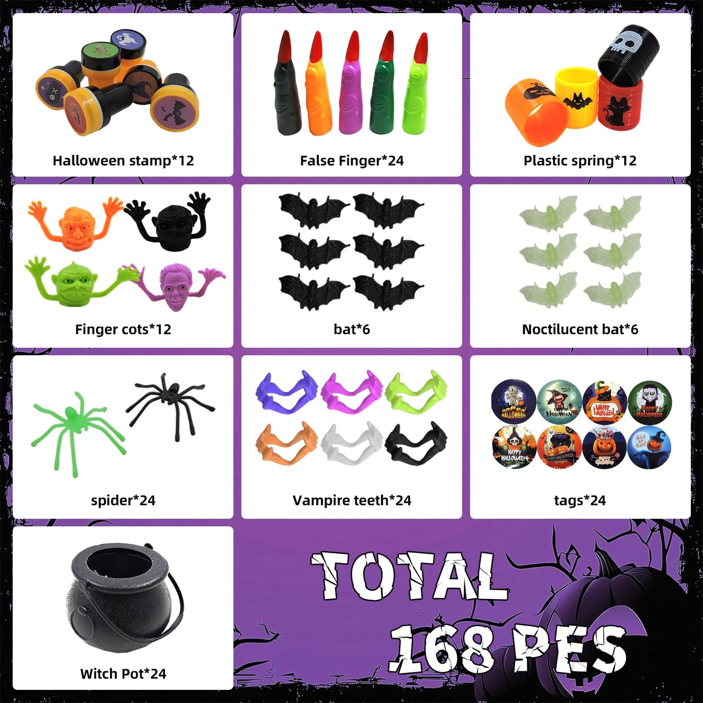 168 PCS Halloween Party Favors 24 Pack Prefilled Small Plastic Witch Cauldron Toys in Bulk Halloween Prizes Gifts Miniatures for Kids Trick or Treat,Halloween Miniatures Novelty Toys