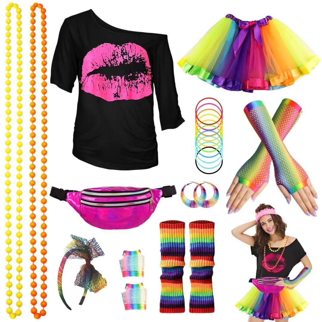 WILDPARTY 80s Costume Accessories for Women, T-Shirt Tutu Fanny Pack Headband Earring Necklace Fishnet Gloves Legwarmers 80s Party Outfit for Women 24PCS (Multicolour-M)