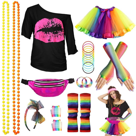 WILDPARTY 80s Costume Accessories for Women, T-Shirt Tutu Fanny Pack Headband Earring Necklace Fishnet Gloves Legwarmers 80s Party Outfit for Women 24PCS (Multicolour-M)