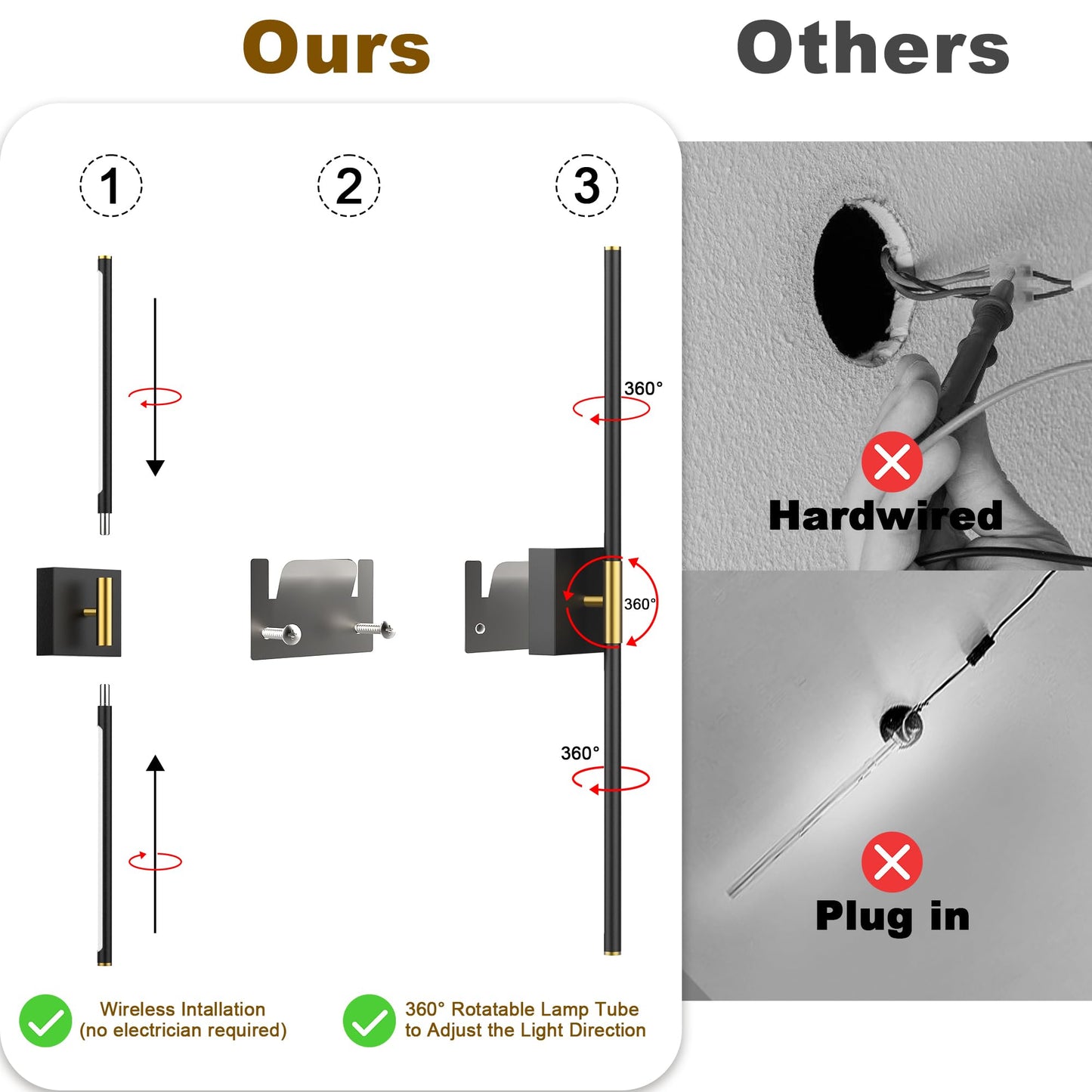 31.5 Inch Battery Operated Wall Sconce Set of Two, 8000mAh USB Rechargeable Wall Sconce with Remote Control, 360°Rotate Dimmable 3000K-6000K LED Wall Lights for Living Room, Hallway, Bedroom, (2 Pack)
