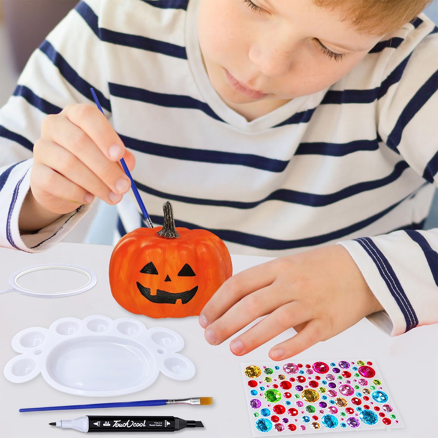 Winlyn 16 Sets 3" DIY Fall Pumpkin Painting Kits Paint Your Own Pumpkins White Foam Craft Pumpkins with Jack-O-Lantern Face Stickers for Classroom Thanksgiving Halloween Decor Holiday Party Activities