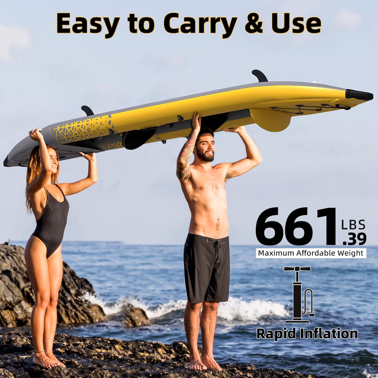 Danrelax 2-Person Inflatable Kayak for Adults, Heavy-Duty PVC, Drop-Stitch Floor, Lightweight, Portable, and Durable Tandem Kayak for Fishing, Touring, and Water Sports, Yellow