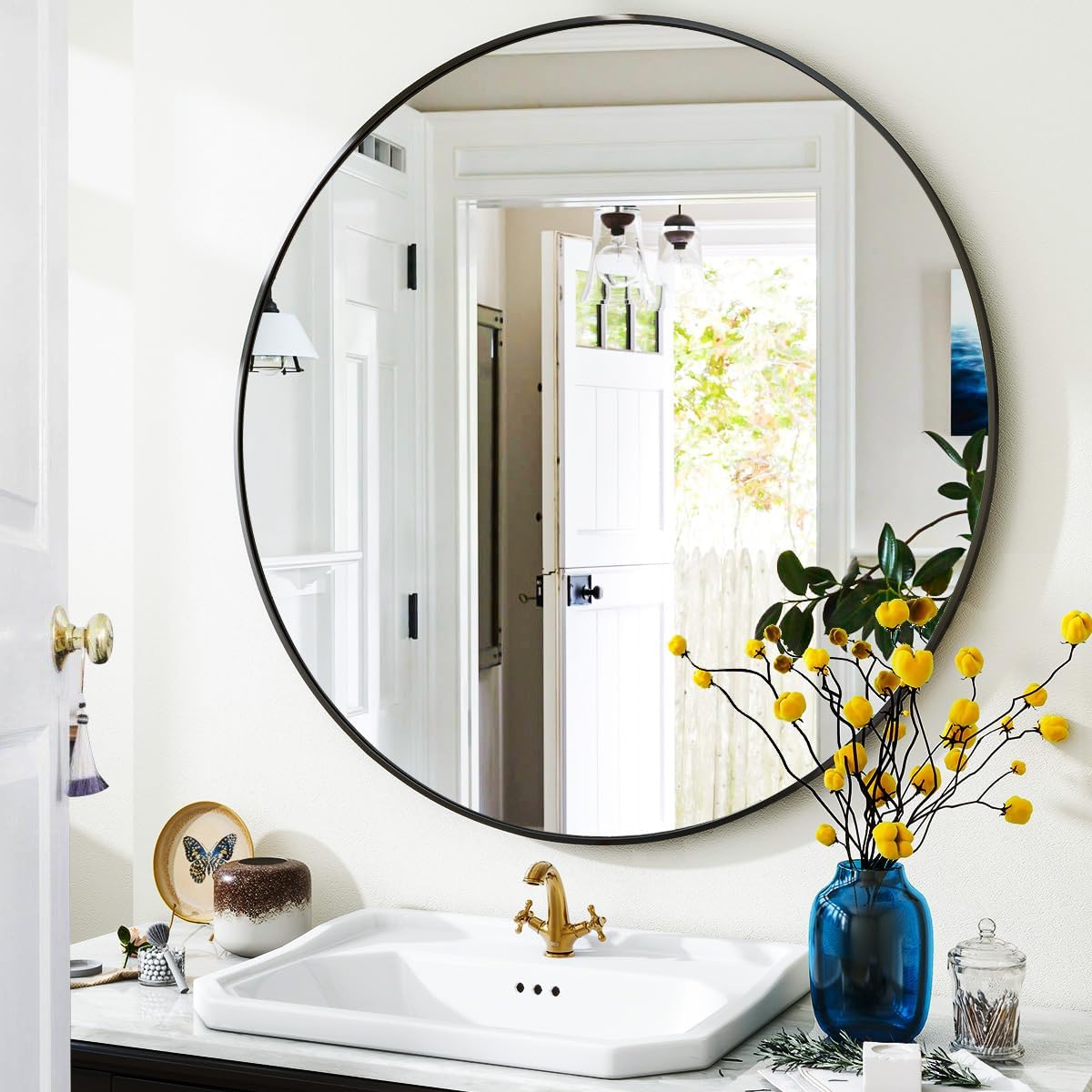 VooBang Black Round Bathroom Mirror, 30 inch Circle Wall Mounted Hanging Mirror with Simple Modern Circular Metal Frame for Hallway, Entryway, Living Room, Black Frame