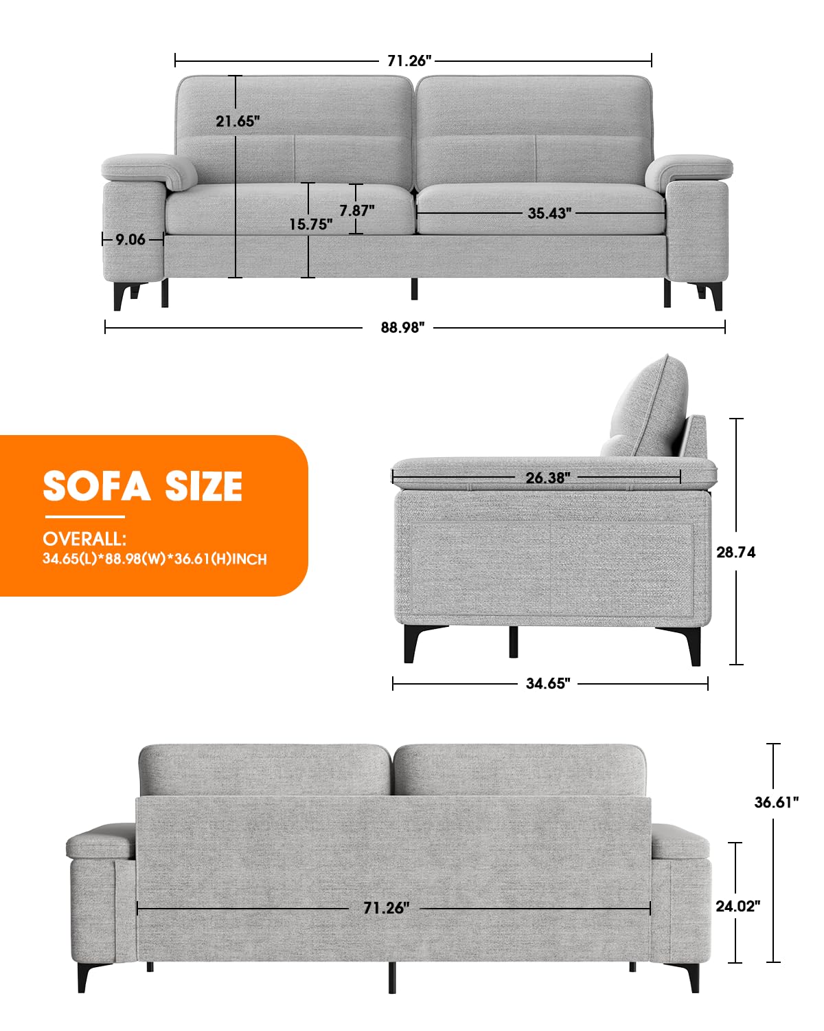 88.97" Modern Sofa Couches for Living Room, Deep Seat Sofas with 8”Cushion, Comfy 2-Seater Chenille Loveseat with Convertible Armrest, Removable Sofa Cover, High Leg(Light Gray)