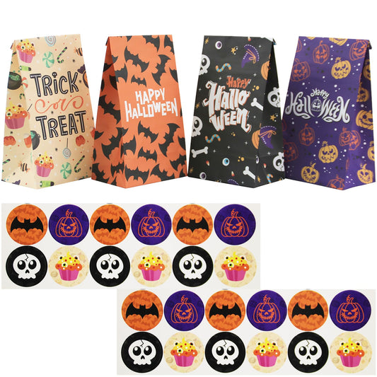 Whiosyrt 24 Pcs Halloween Treat Bags(With 24 Pcs Sealing Stickers) Paper Candy Bag Party Favors, Trick or Treat Goody Gift Treat Bags, Bulk Candy Bag for Party Supplies