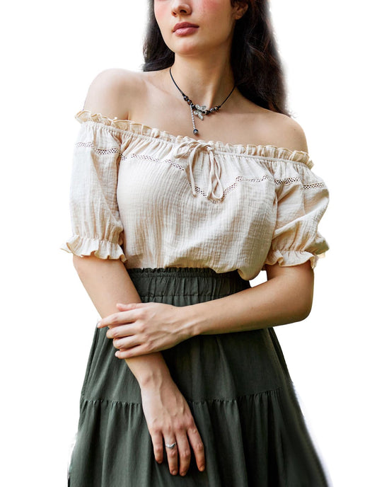 Women's Renaissance Blouse Summer Casual Off Shoulder Short Sleeve Tops Apricot M