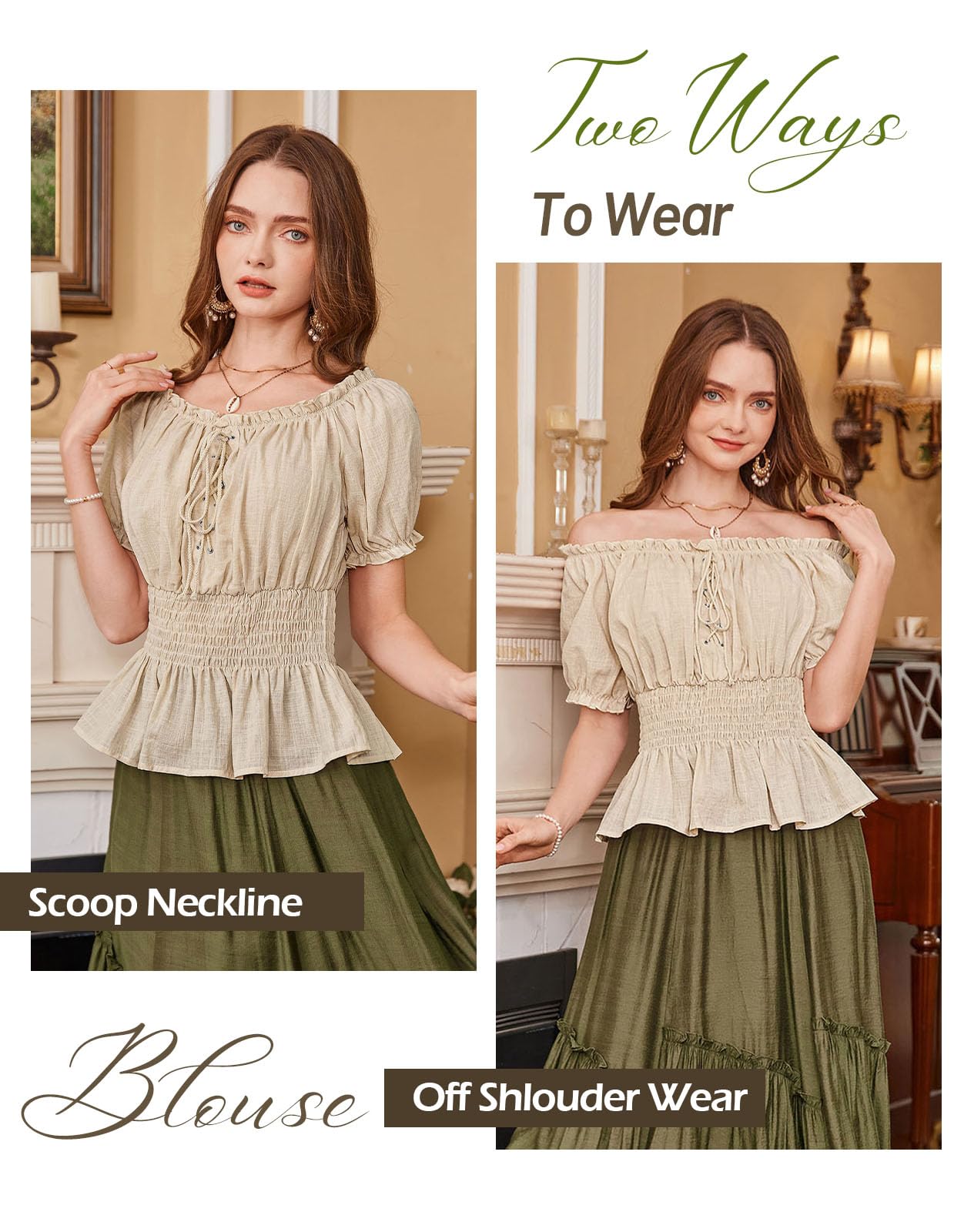 Women Off Shoulder Puff Sleeve Summer Tops Smocked Wasit Peplum Blouse Apricot S