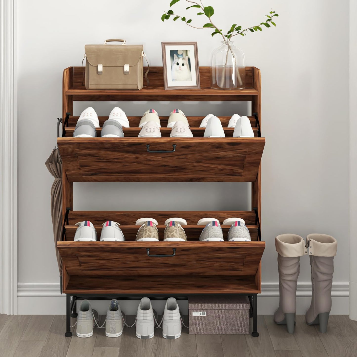 Walmokid Shoe Storage Cabinet for Entryway, Narrow Shoe Cabinet with 2 Flip Drawers, Freestanding Shoe Organizer with Open Storage for Living Room, Entryway, Foyer, Hallway(Rustic Brown,1 Pack)