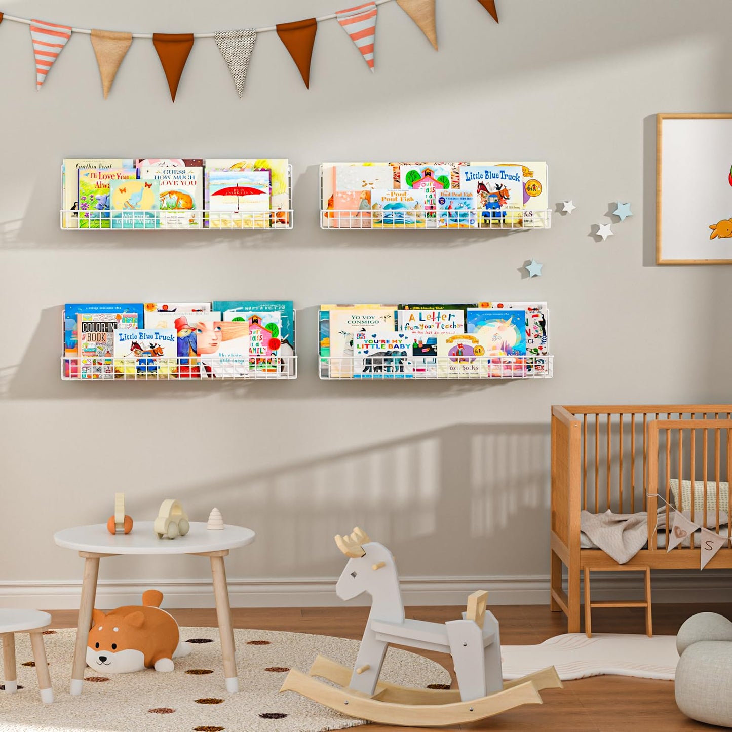 X-cosrack 24 Inch Wall Mounted Kids Bookshelf, Floating Metal Book Shelves for Kids Nursery Toddler Classroom, Hanging Book Shelf Organizer for Room Decor, White, Set of 4