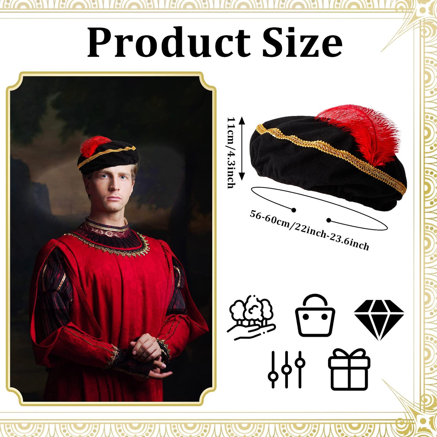 3 Pcs Renaissance Hat Black Medieval Hat Red Feather Minstrel Costume Cap Renaissance Costume Accessory Party Cosplay Supply for Men Women Adult