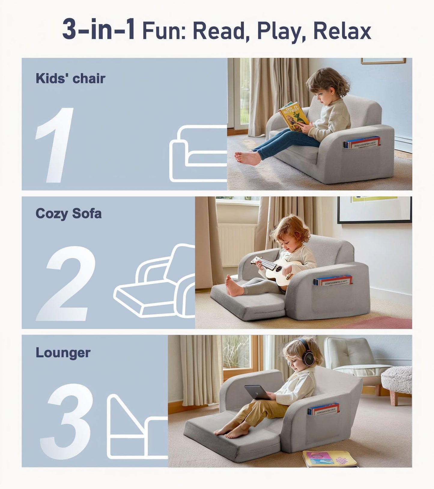 3-in-1 Extra Wide Convertible Kids Couch, Flip Open Toddler Couch to Lounger, Comfy Toddler Chair, Machine-Washable Kids Sofa for Girls, Kid Sofa Bed for Fun Playtime or Comfy Lounging, Gray