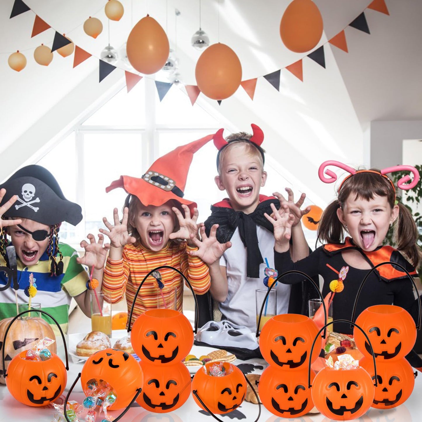 24 Pack Mini Pumpkin Buckets With Handle, Halloween Kids Party Favors Plastic Trick or Treat Bucket, Candy Holder Containers for Decoration