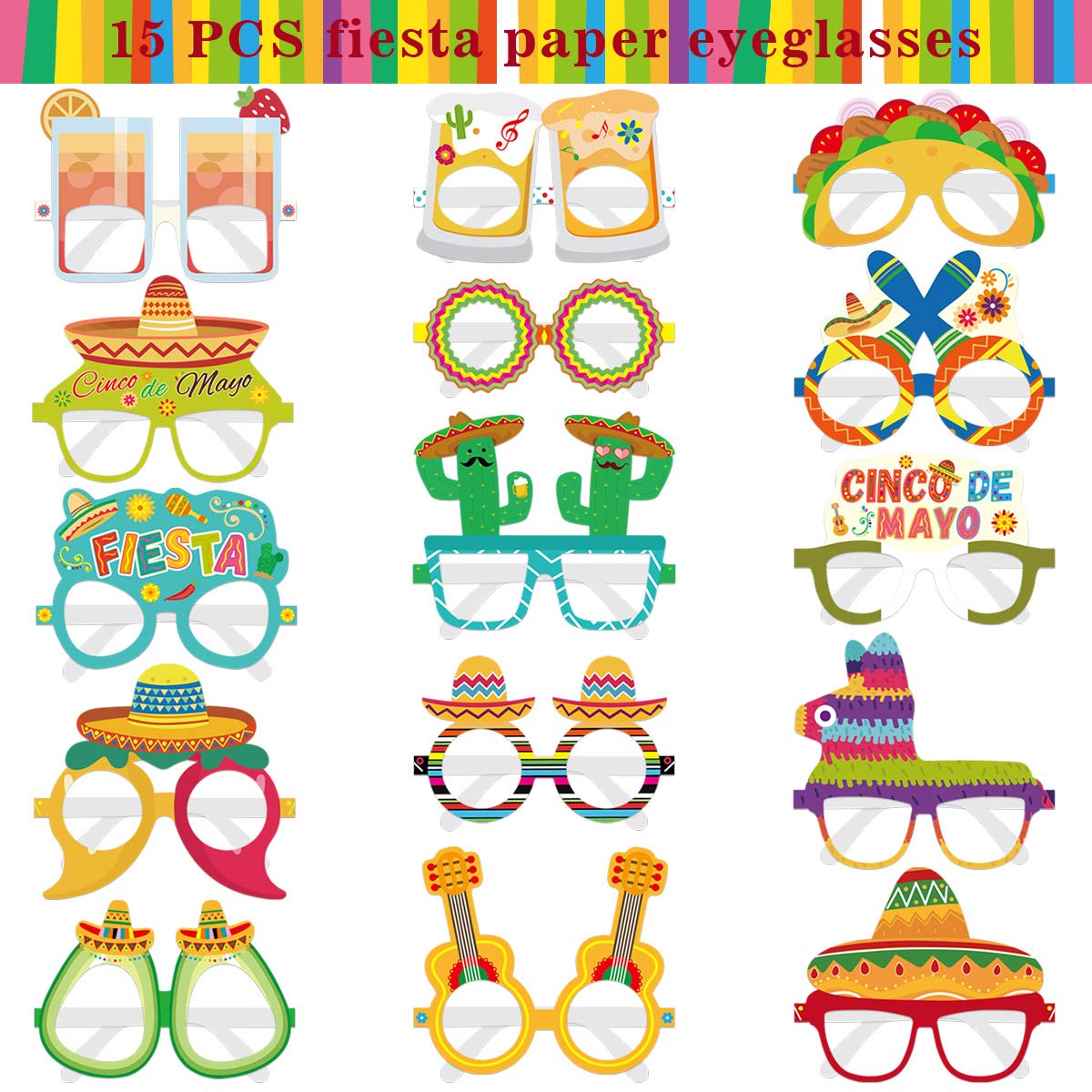 15PCS Mexican Fiesta Party Decorations Paper Eyeglasses Cinco De Mayo Paper Glasses Photo Booth Props for Taco Cactus Party Let's Fiesta BirthdayParty Favors